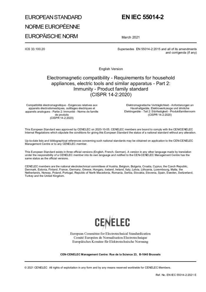 EN IEC 55014-2:2021家用電器、電動(dòng)工具和類似器具的電磁兼容要求第2 部分:抗擾度